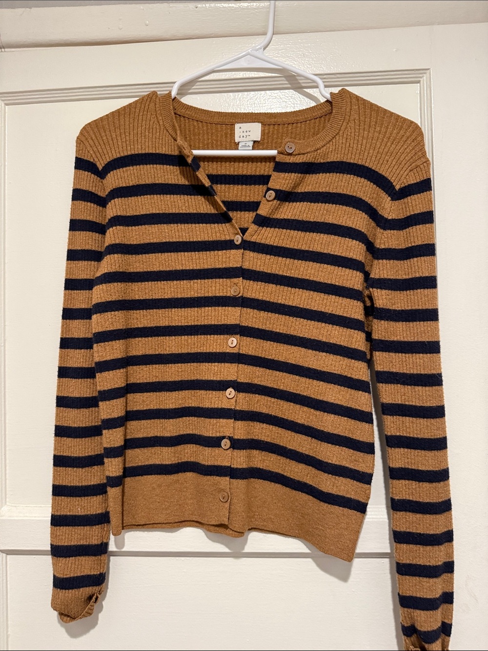 a new day Striped Button-Front Cardigan in Camel and Navy